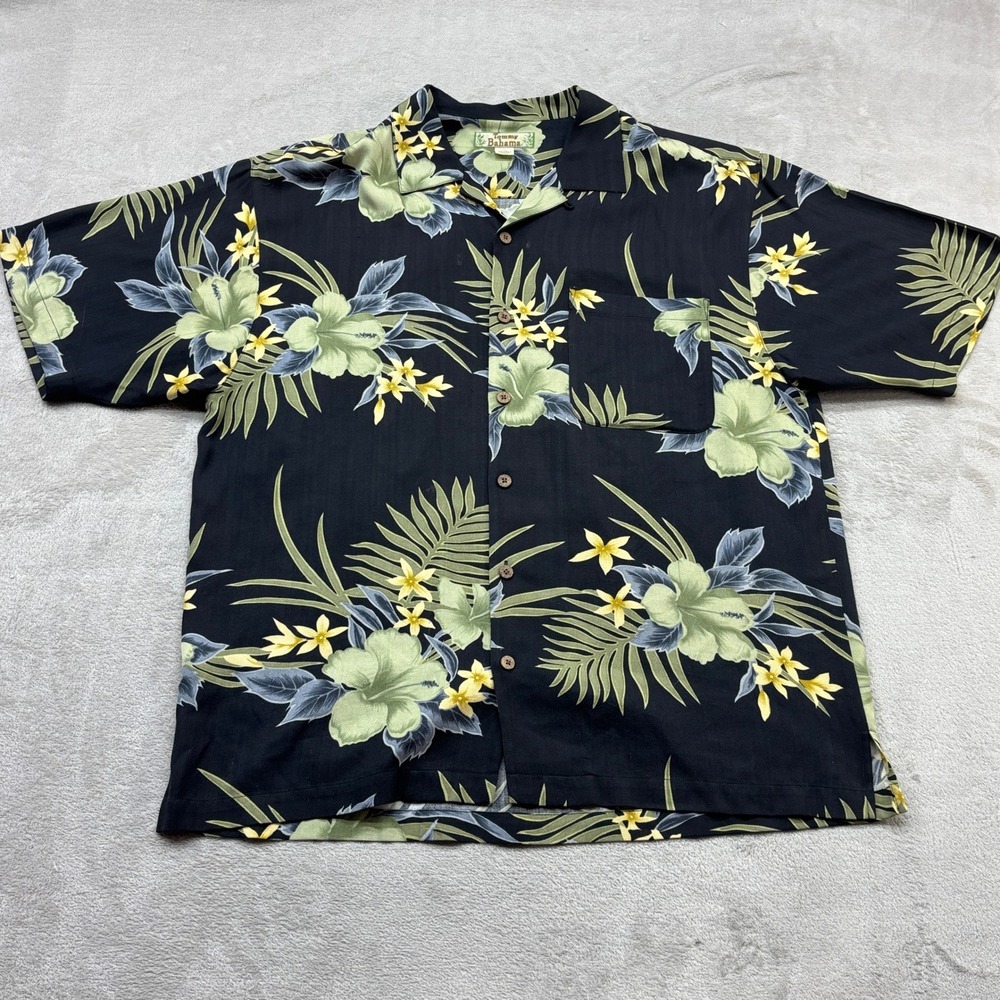Tommy Bahama Hawaiian Button Down Shirt Mens L Black 100% Silk Tropical Floral